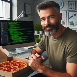 guy with pizza in front of computer with code on it