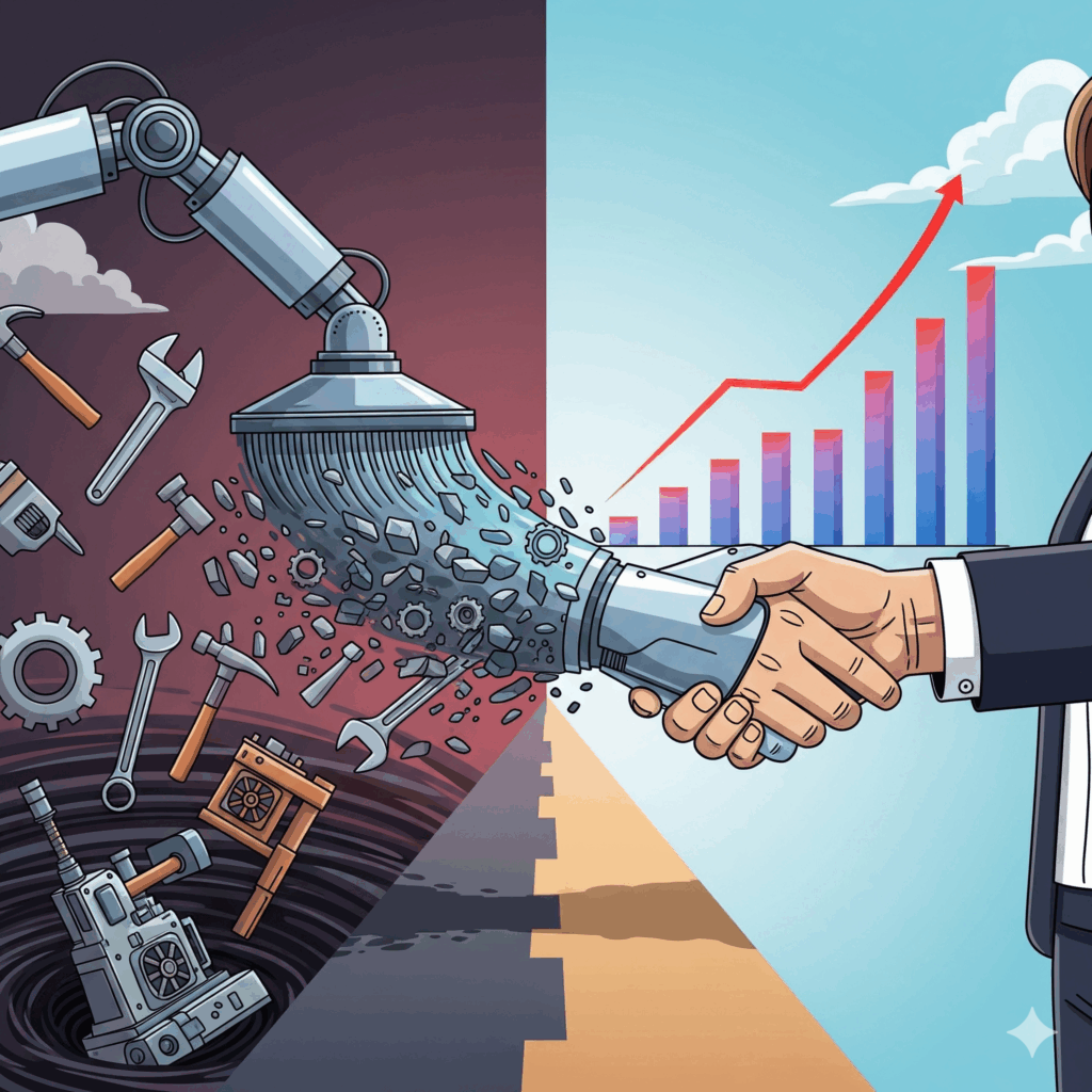 robot arm shaking human arm over background with graphs and tools