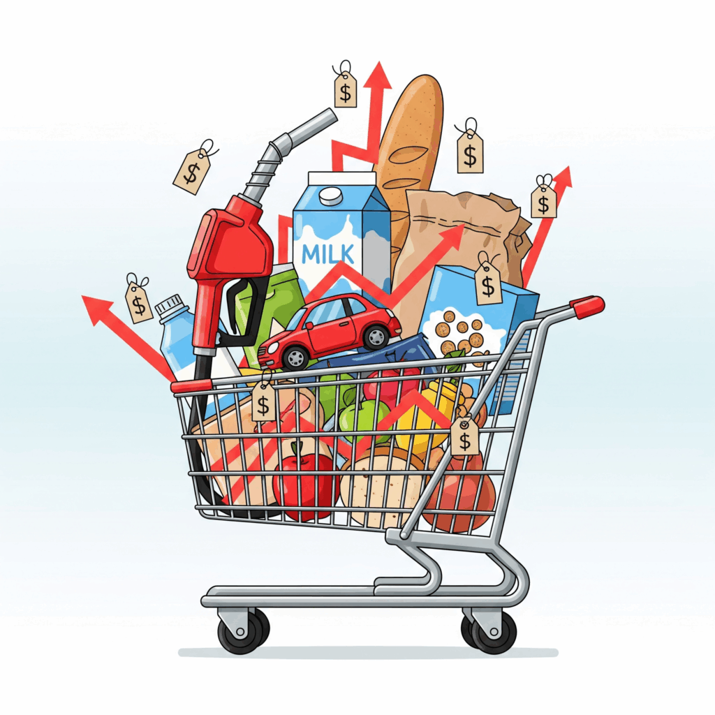 shopping cart with various items where inflation is noticed