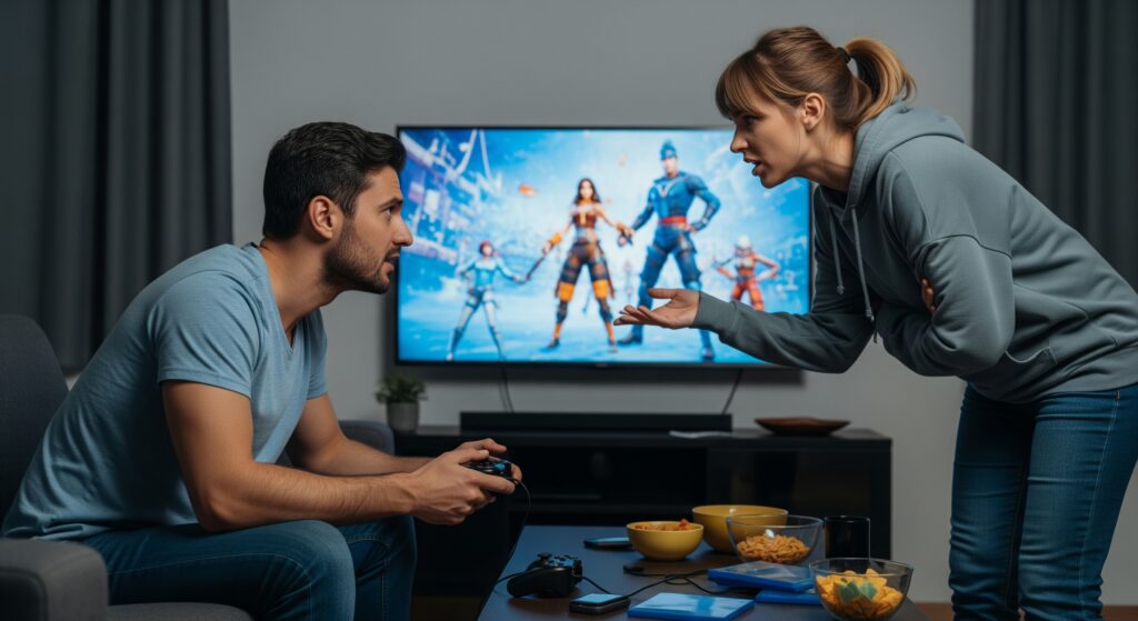 man and woman argue over his gaming habits