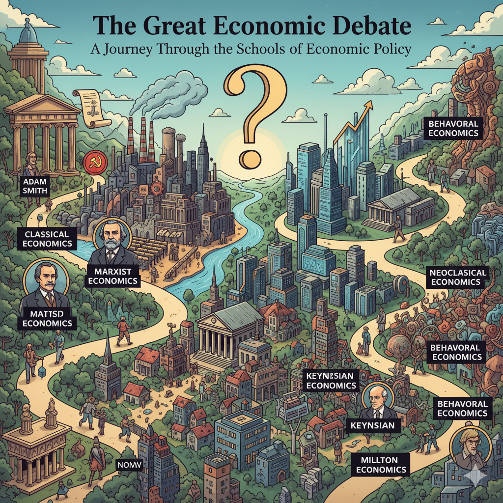 visualization of economic schools of thought as a series of towns