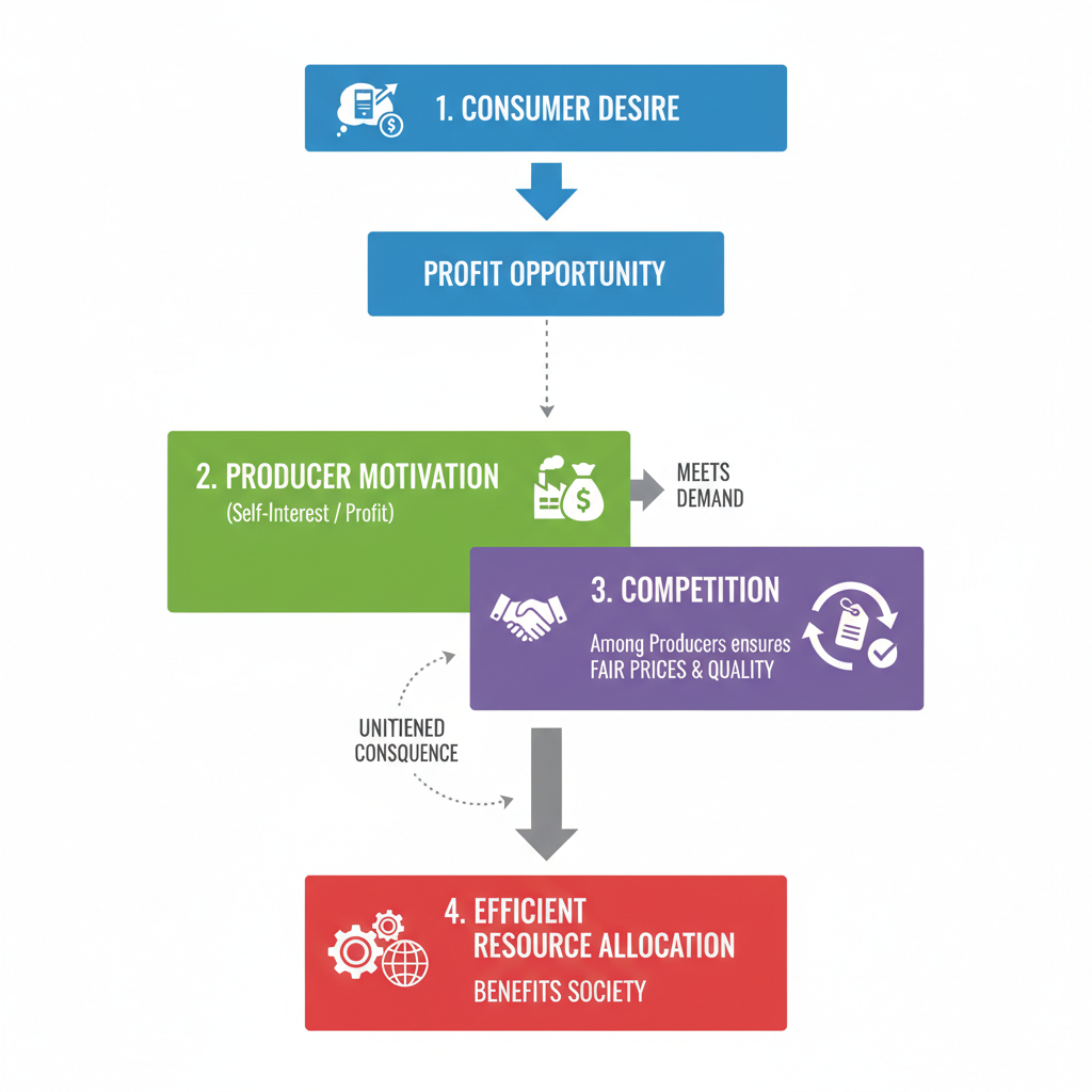 (A flowchart graphic illustrating the process: 1. A consumer's desire for a product signals a profit opportunity. 2. A producer, motivated by self-interest (profit), meets that demand. 3. Competition among producers ensures fair prices and quality for consumers. 4. The result is an efficient allocation of resources that benefits society, even though that was not the primary intention of any individual actor.)