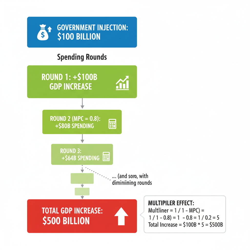 (A visual diagram showing a government injection of $100 billion. Round 1 shows GDP increasing by $100B. Round 2, assuming an MPC of 0.8, shows an additional $80B in spending. Round 3 shows an additional $64B. The graphic illustrates these diminishing rounds, summing to a total GDP increase of $500B, demonstrating a multiplier of 5, calculated as 1/(1−MPC) or 1/(1−0.8).)