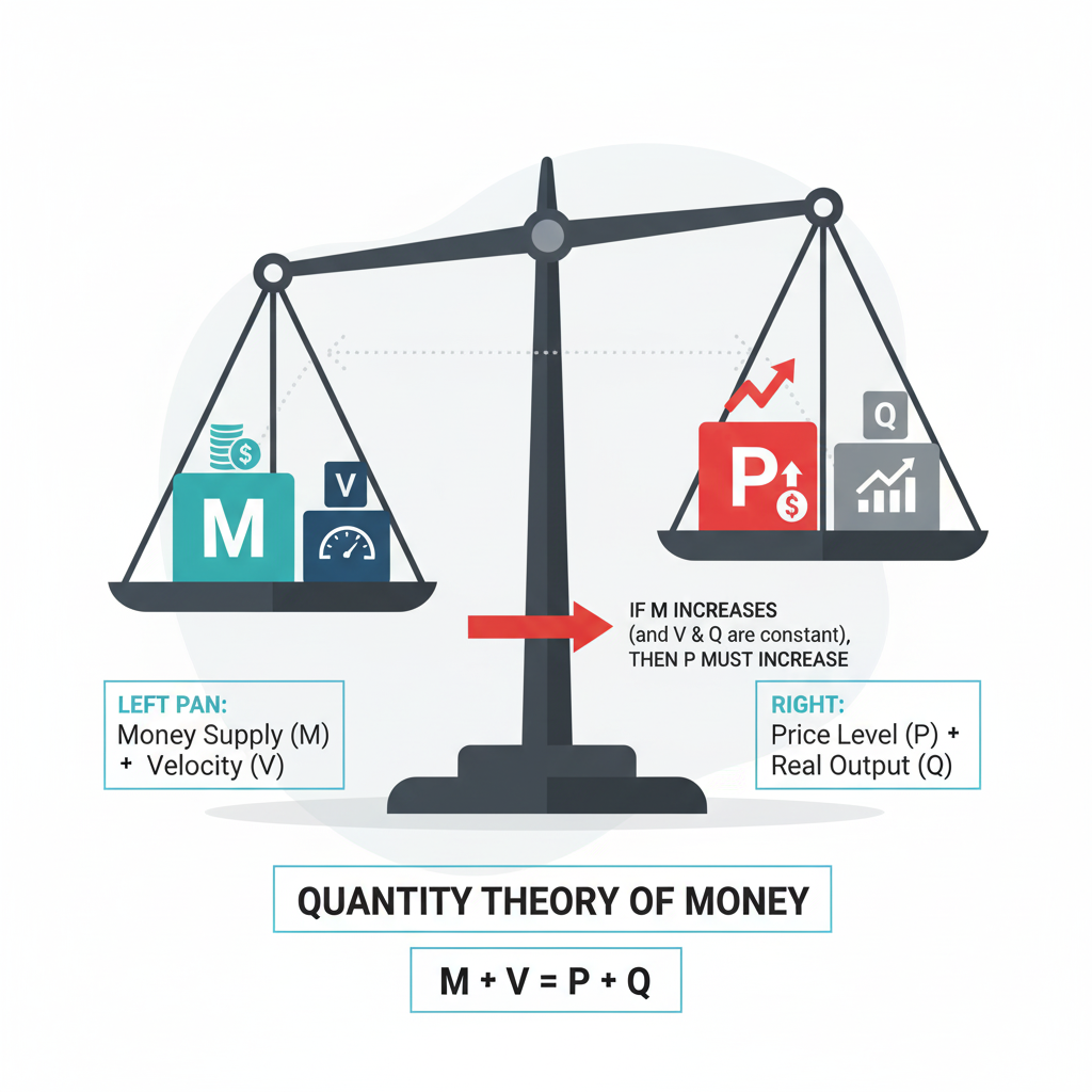 (A visual of a balance scale. On the left pan are blocks labeled "M" (Money Supply) and "V" (Velocity). On the right pan are blocks for "P" (Price Level) and "Q" (Real Output). The graphic shows that if the "M" block on the left is made larger while "V" and "Q" remain constant, the "P" block on the right must also grow larger to keep the scale balanced, illustrating the direct link between money supply and inflation.)