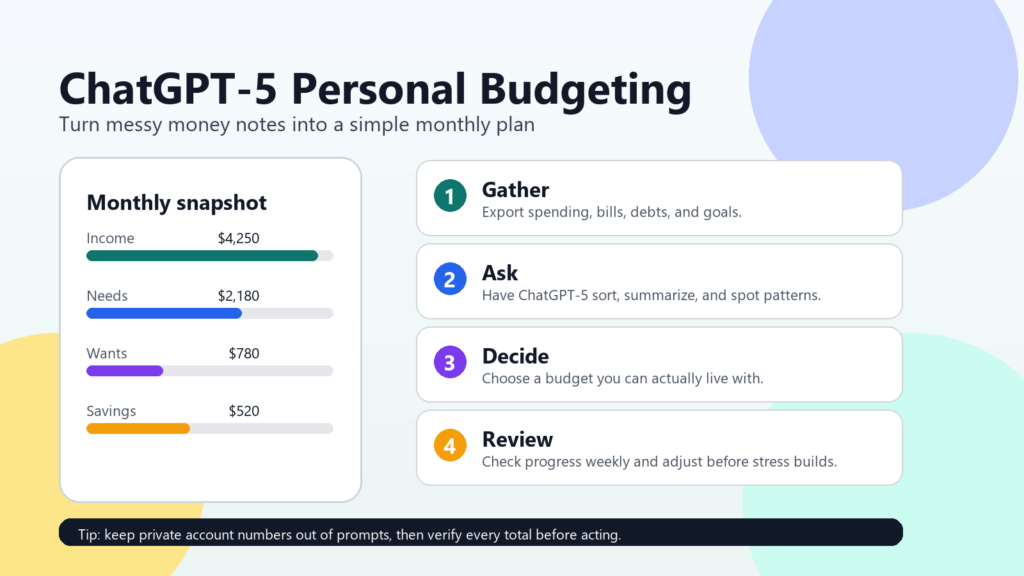 ChatGPT-5 personal budgeting workflow showing monthly income, needs, wants, savings, and a four-step planning process.