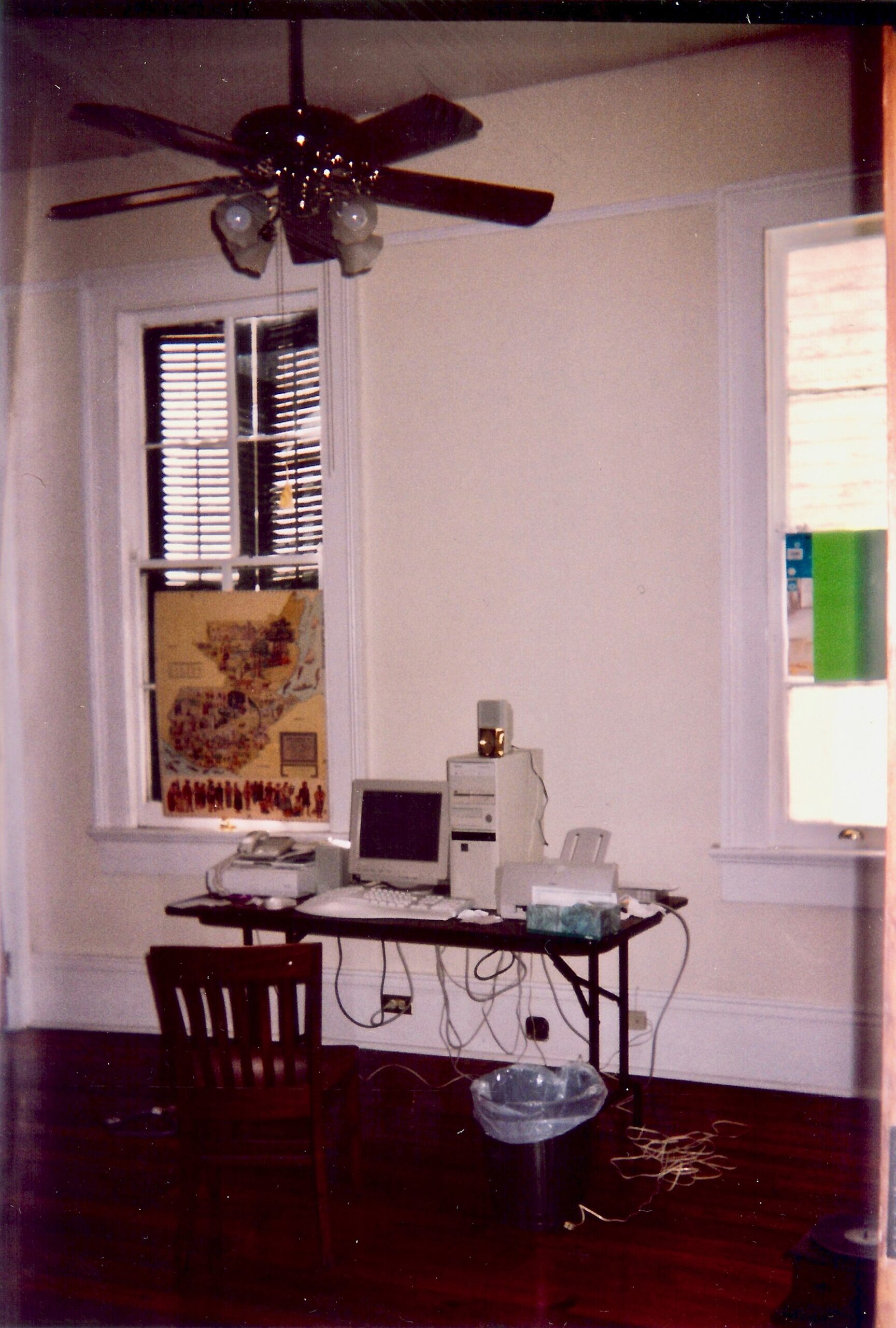 Early 1997 home office computer setup with telephone landline, scanner, printer, and desktop computer.