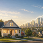Illustration of a suburban home with a rising price line toward a modern city skyline
