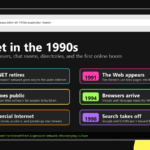 Retro browser-style timeline showing key moments from the Internet in the 1990s including the Web, Mosaic, Netscape, and Google.
