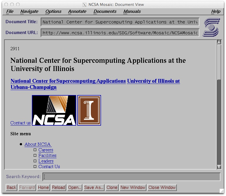 Screenshot of NCSA Mosaic web browser showing an early graphical web browsing interface.