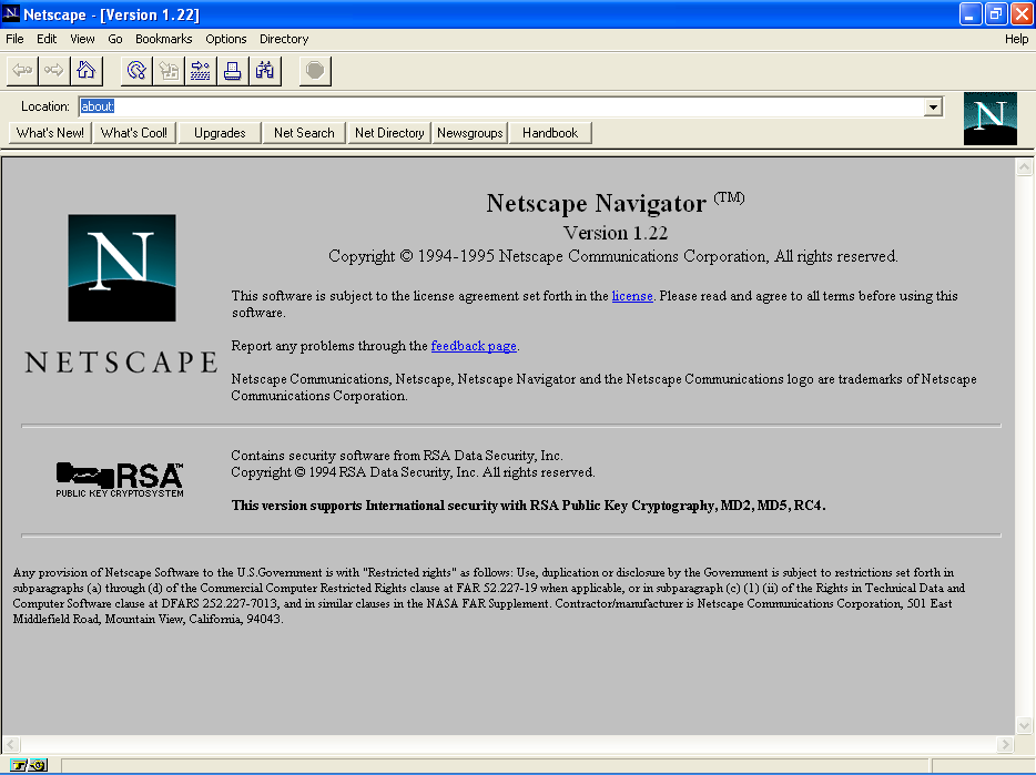 Screenshot of Netscape Navigator 1.22, an influential 1990s web browser.
