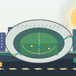 Clean illustration of a World Cup stadium, host city skyline, local businesses, visitors, and rising economic activity