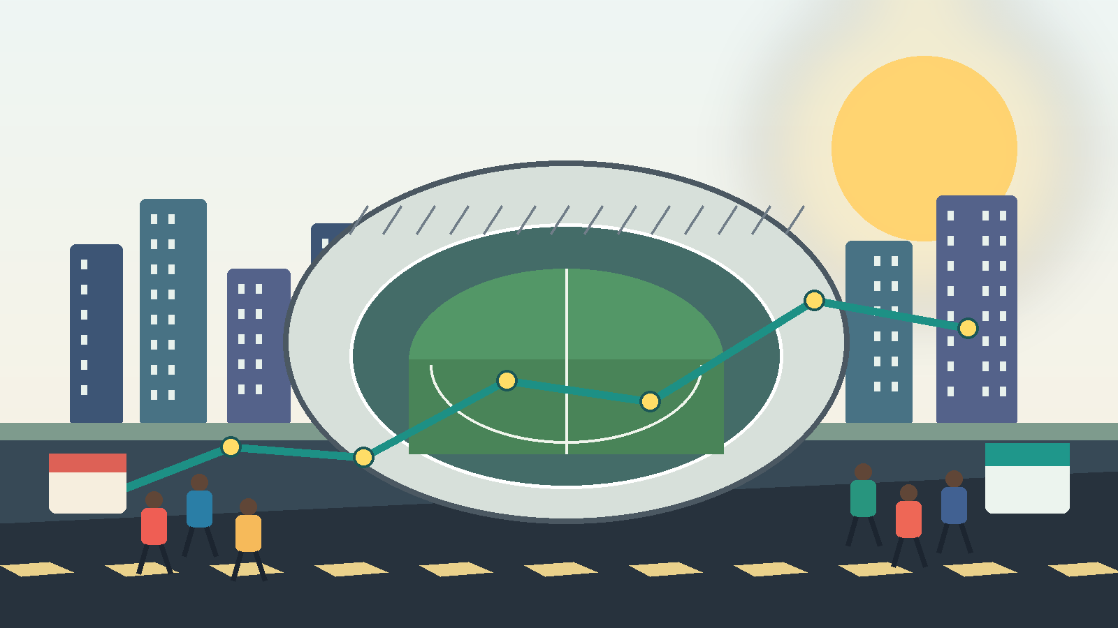 Clean illustration of a World Cup stadium, host city skyline, local businesses, visitors, and rising economic activity