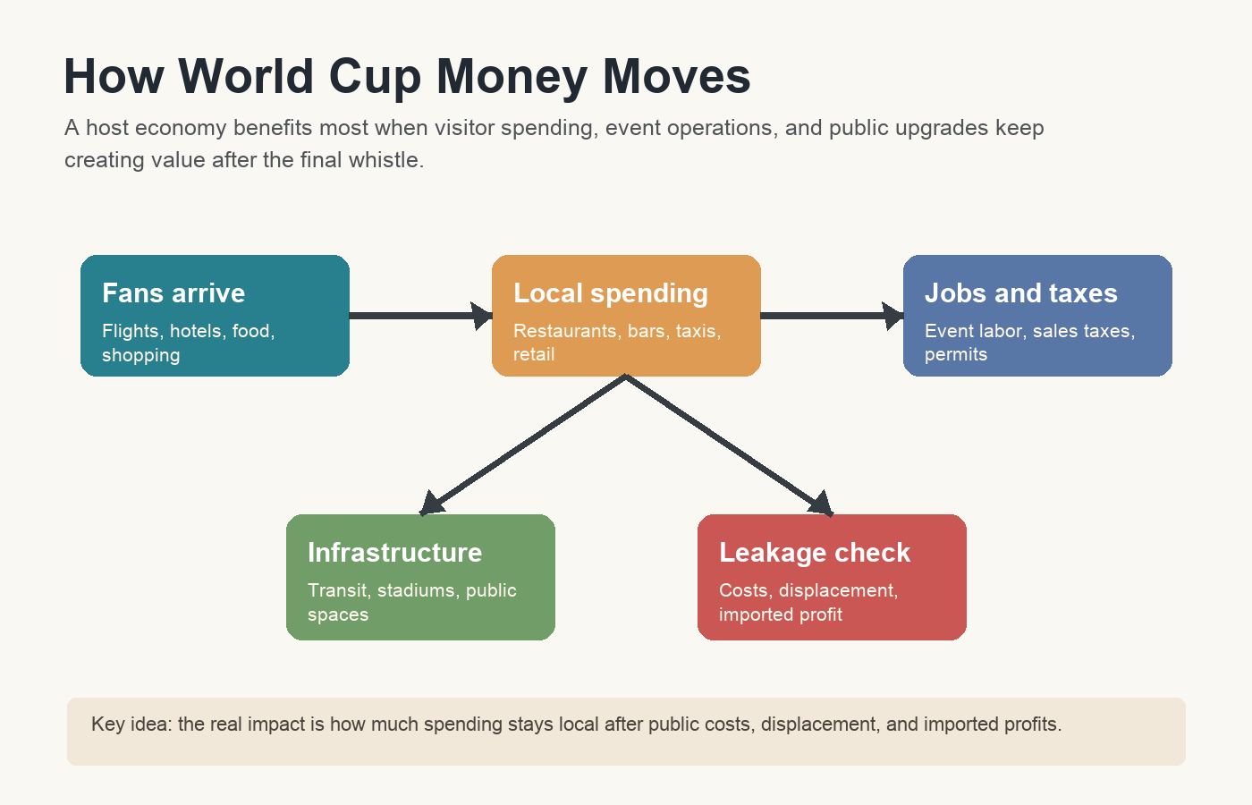Clean flow diagram showing how World Cup visitor spending moves through a host economy into local spending, jobs, taxes, infrastructure, and leakage costs