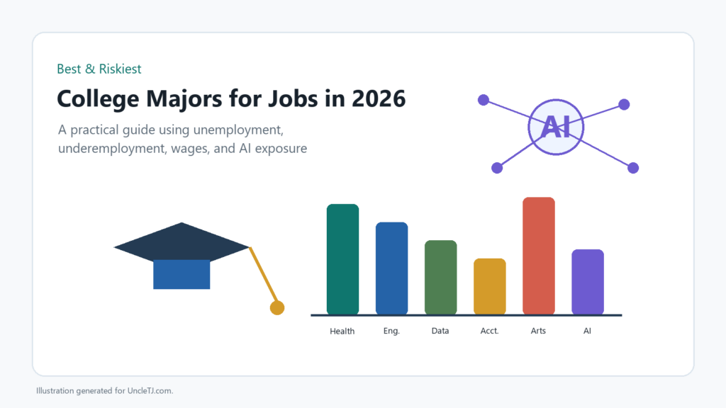 Graphic titled College Majors for Jobs in 2026 with graduation cap, labor market bars, and AI icon.