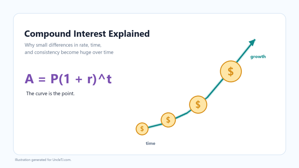 Compound interest explained graphic with formula, growth curve, coins, and time axis.