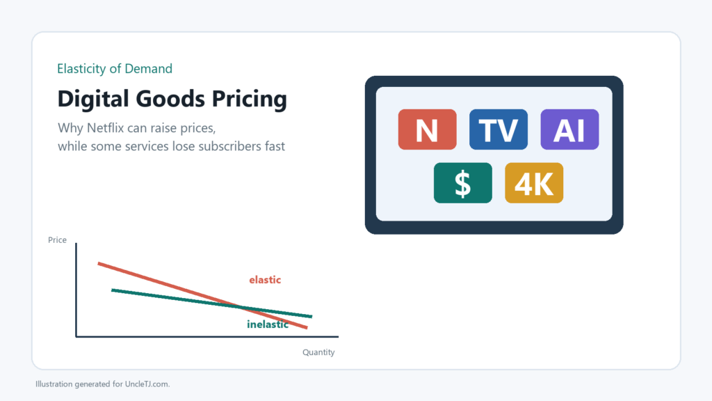 Graphic about elasticity of demand for digital goods with streaming, TV, AI, and demand curve icons.