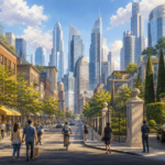 Editorial illustration showing everyday city life alongside signs of concentrated wealth.