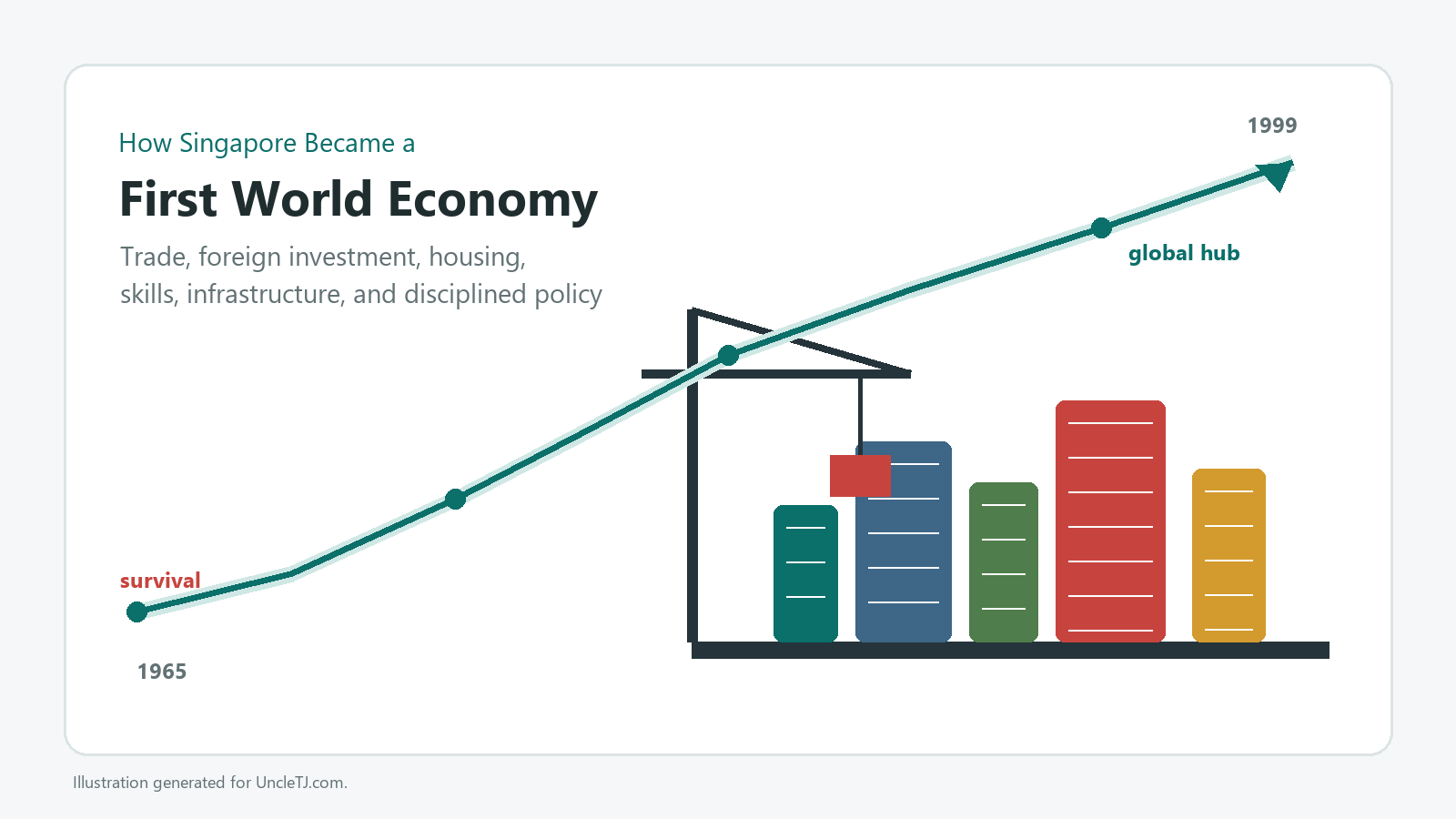 Illustration showing Singapore rising from 1965 survival to a global hub with trade, infrastructure, and growth.