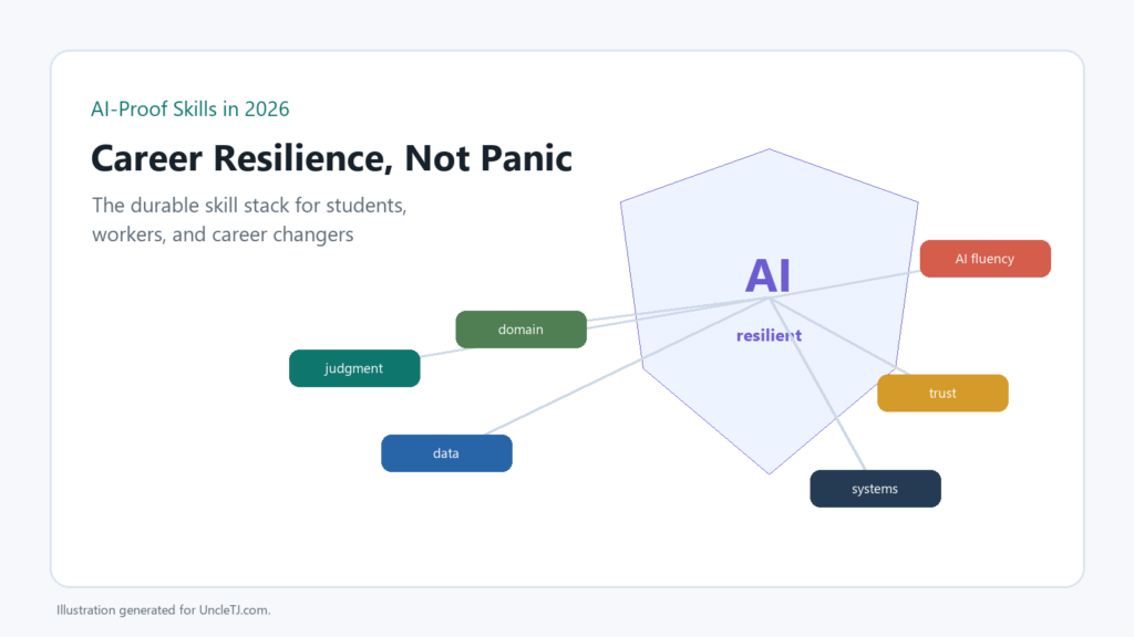 Graphic titled AI-Proof Skills in 2026 with a shield and skill labels for judgment, data, domain expertise, trust, AI fluency, and systems thinking.
