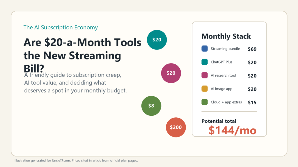 Illustration of an AI subscription economy receipt showing streaming and artificial intelligence tools adding up to a monthly bill.