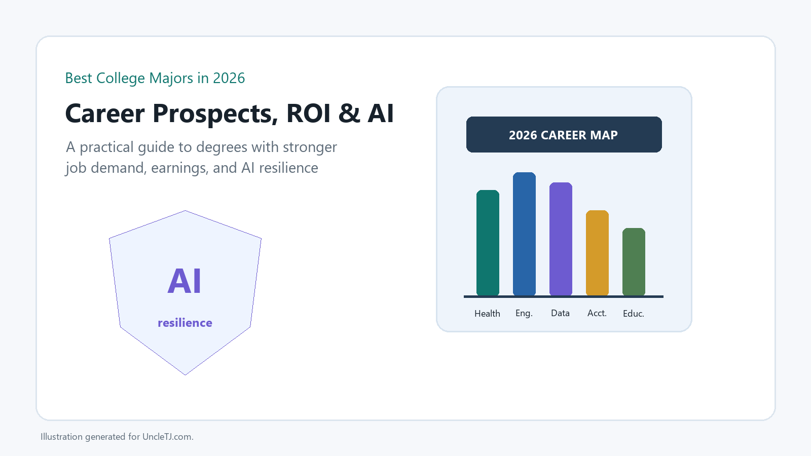 Graphic titled Career Prospects, ROI and AI for best college majors in 2026.