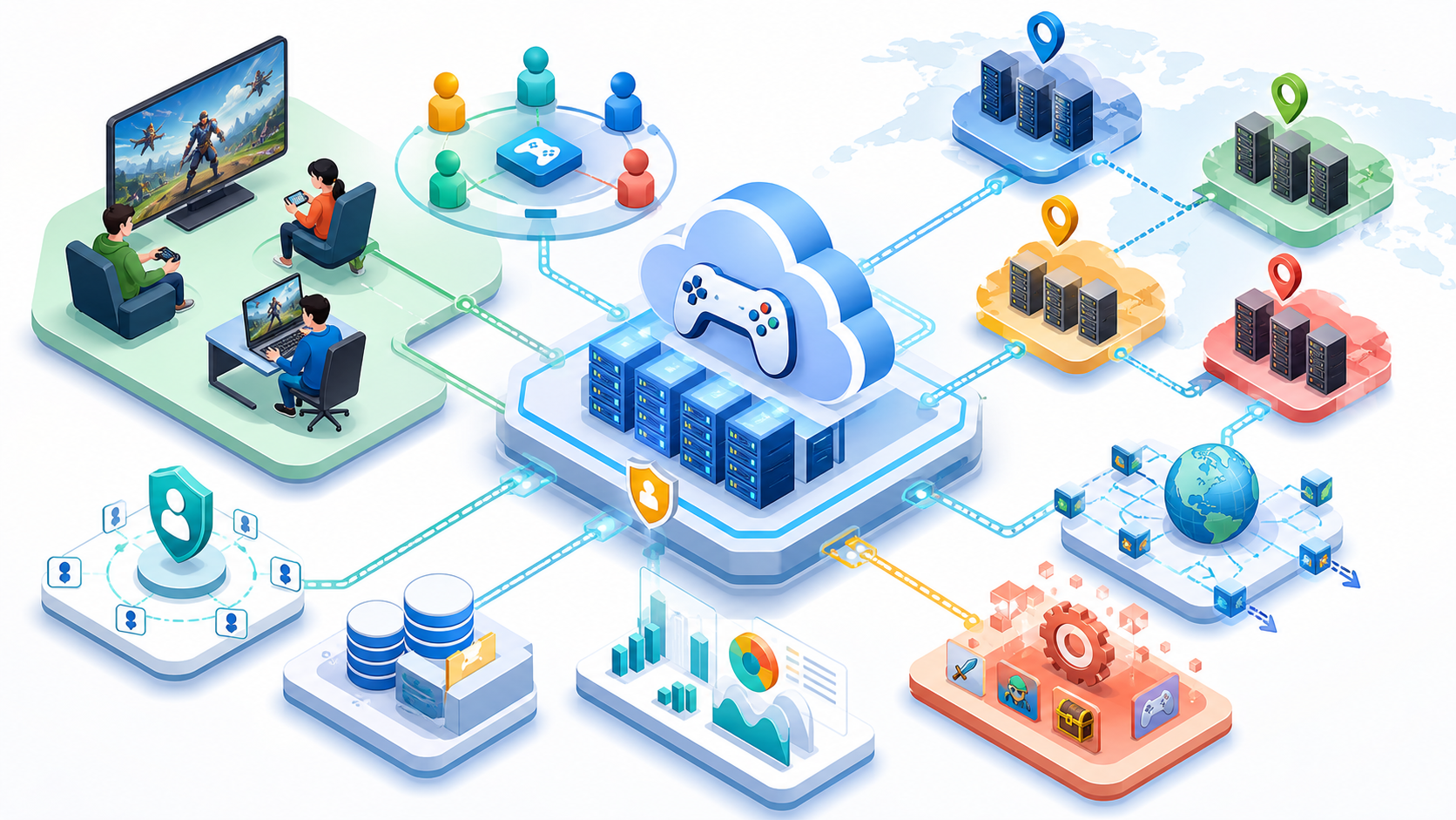 Isometric illustration of a multiplayer game cloud architecture with players, regional servers, identity, data storage, analytics, and live operations modules.