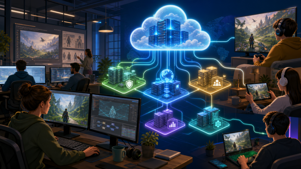 Game developers and players connected through cloud servers, edge regions, analytics, identity, and multiplayer infrastructure.