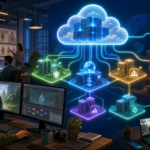 Game developers and players connected through cloud servers, edge regions, analytics, identity, and multiplayer infrastructure.