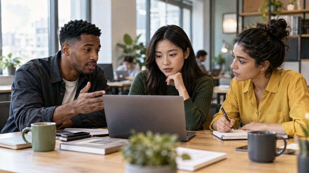 Three early-career professionals collaborating around a laptop while using AI as part of their work.