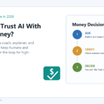 Illustration titled AI Financial Advice in 2026 with a money decision flow showing ask, verify, and decide.