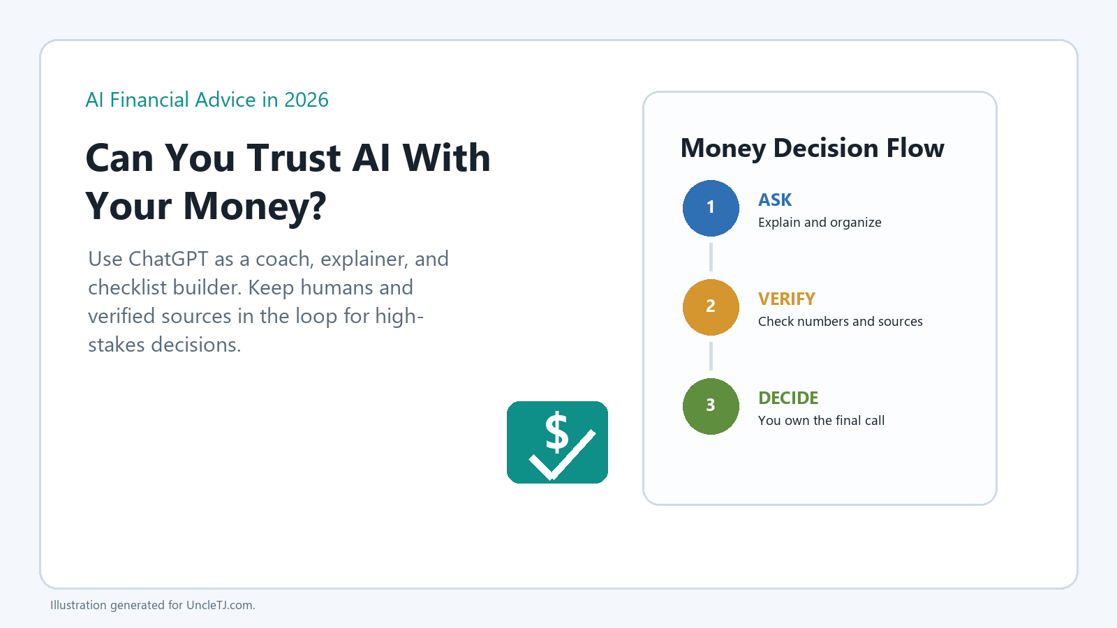 Illustration titled AI Financial Advice in 2026 with a money decision flow showing ask, verify, and decide.
