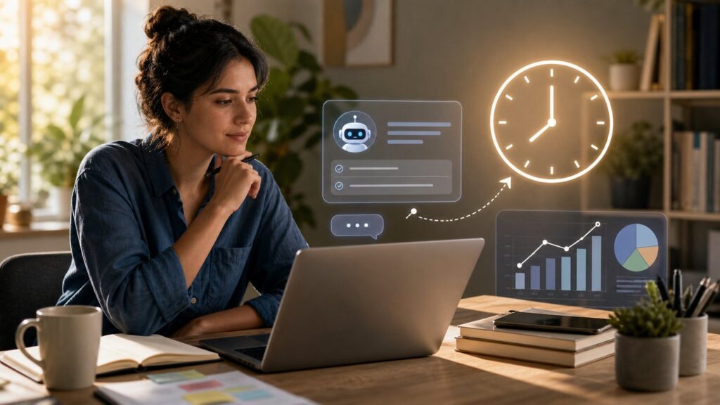 Knowledge worker using a laptop with AI assistant, clock, and productivity dashboard visuals.
