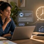 Knowledge worker using a laptop with AI assistant, clock, and productivity dashboard visuals.