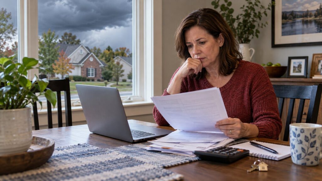 A homeowner reviewing an insurance renewal with a laptop and calculator as storm clouds gather outside.
