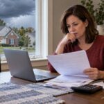 A homeowner reviewing an insurance renewal with a laptop and calculator as storm clouds gather outside.