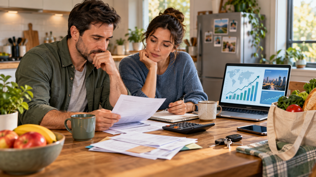 A household reviews bills and a budget at a kitchen table while economic charts appear on a laptop in the background.