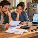 A household reviews bills and a budget at a kitchen table while economic charts appear on a laptop in the background.
