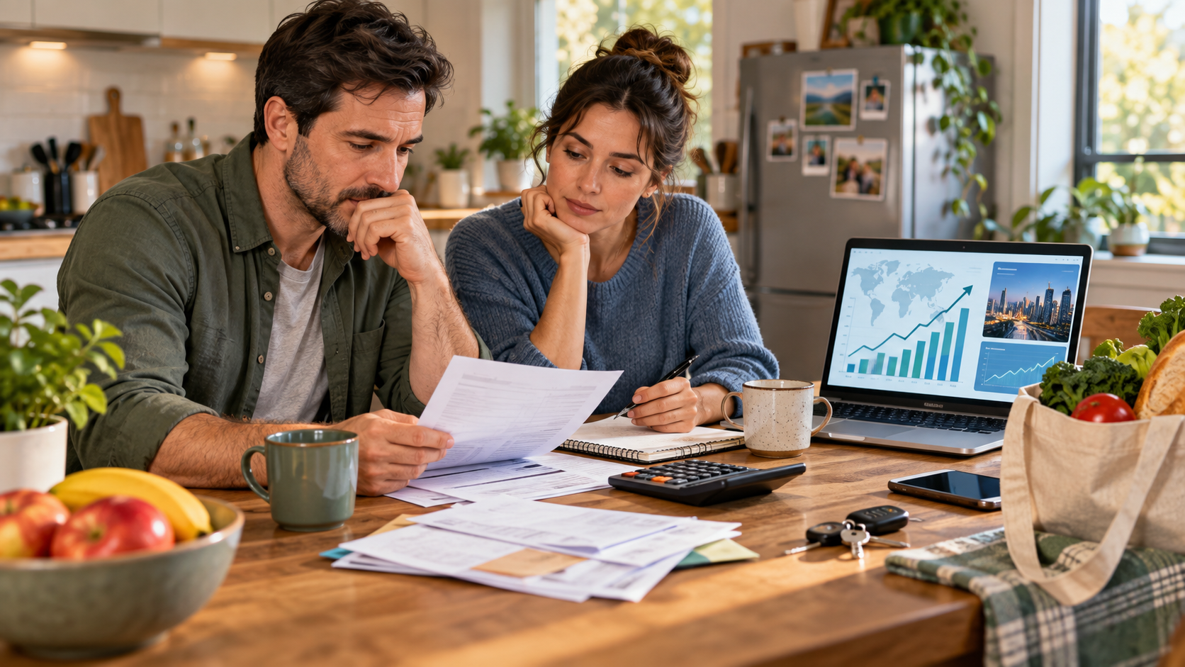 A household reviews bills and a budget at a kitchen table while economic charts appear on a laptop in the background.