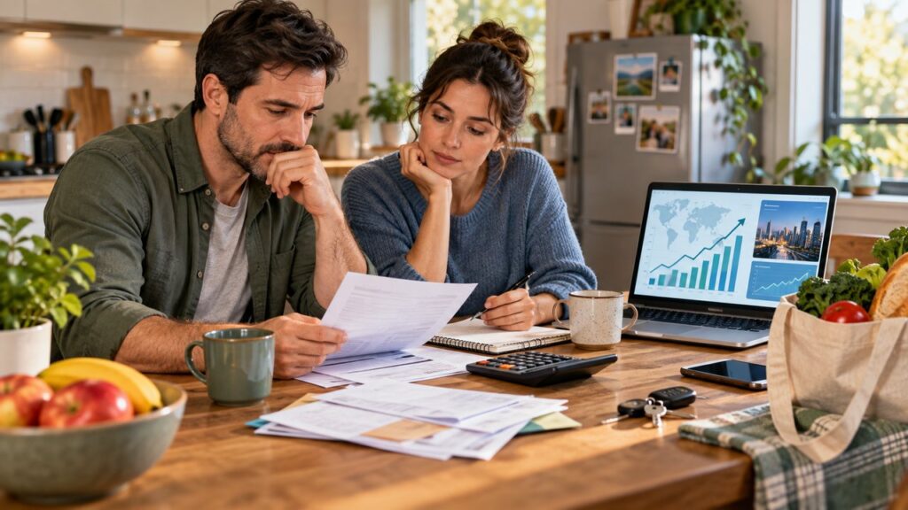 A household reviews bills and a budget at a kitchen table while economic charts appear on a laptop in the background.