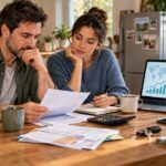 A household reviews bills and a budget at a kitchen table while economic charts appear on a laptop in the background.