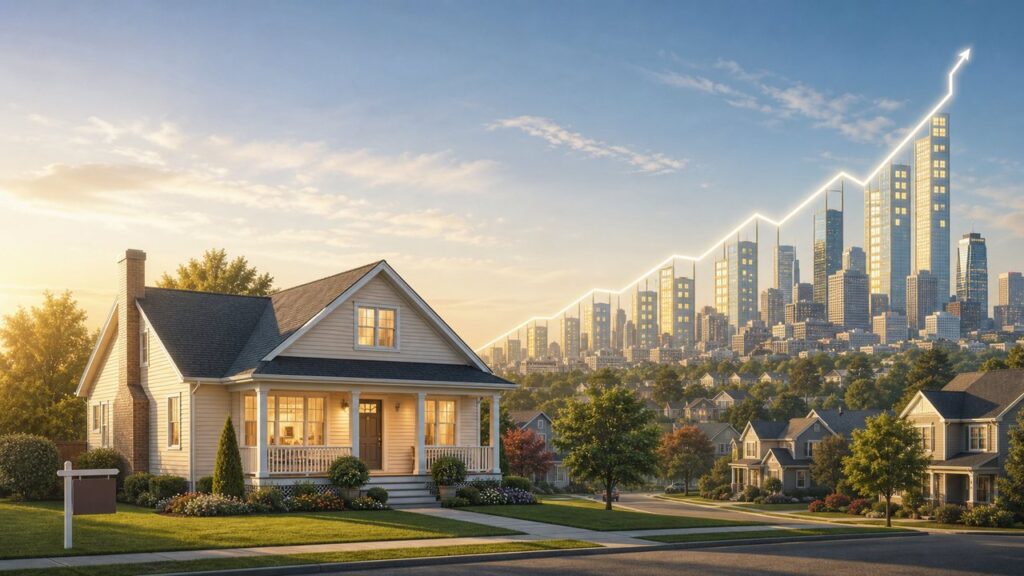Illustration of a suburban home with a rising price line toward a modern city skyline