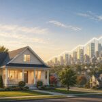 Illustration of a suburban home with a rising price line toward a modern city skyline