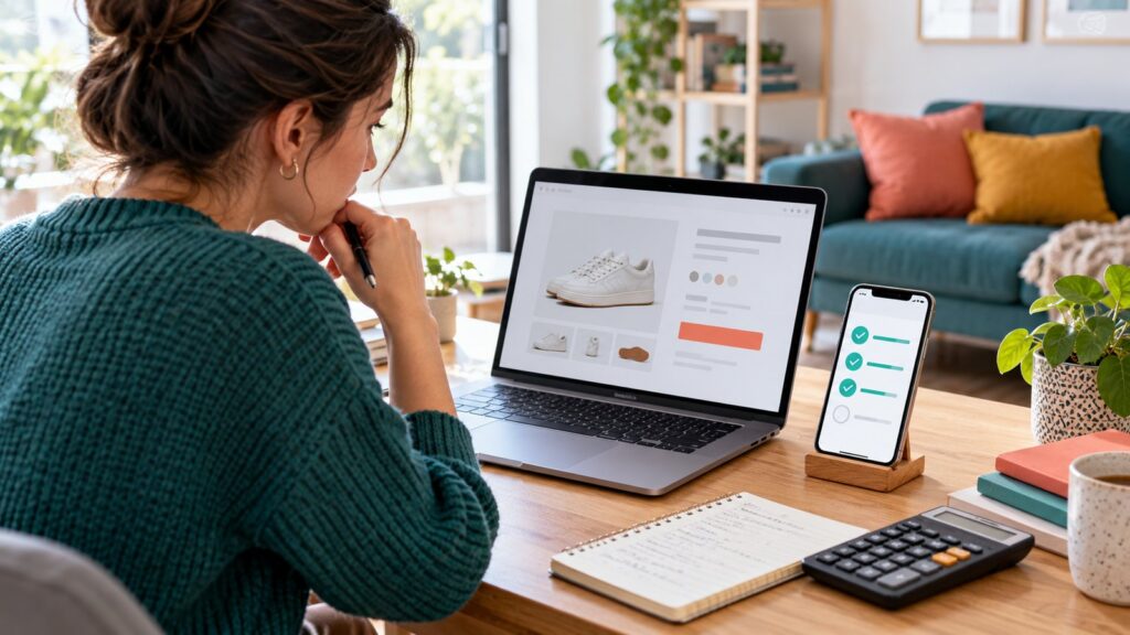 A shopper reviews an online purchase alongside a phone showing a four-payment schedule, with a budget notebook and calculator nearby.