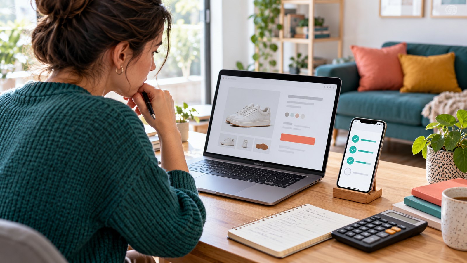 A shopper reviews an online purchase alongside a phone showing a four-payment schedule, with a budget notebook and calculator nearby.